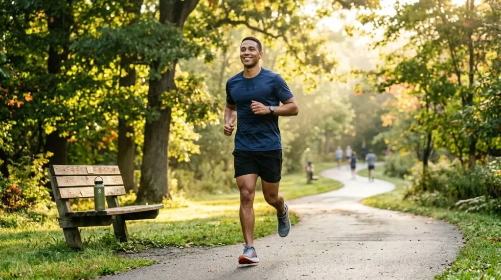 Young man jogging in a park to experience the benefits of wellness through regular exercise and an active lifestyle.