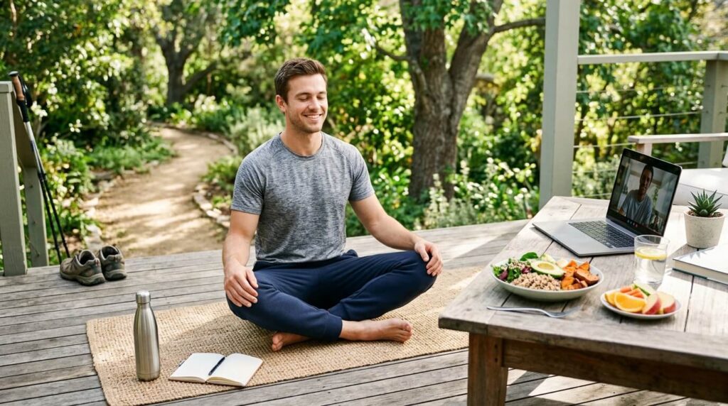 Man practicing meditation outdoors with healthy food and laptop, illustrating what is wellness and balanced lifestyle