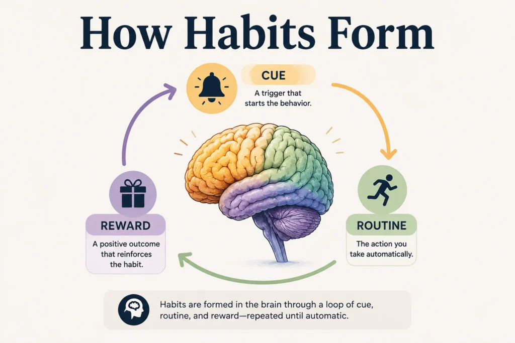 What are habits? Brain illustration showing the cue-routine-reward habit loop and how habits form through repeated behaviors and rewards.