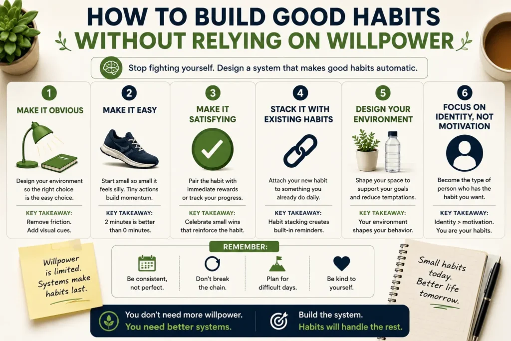 How to build good habits without relying on willpower infographic illustrating practical strategies such as making habits obvious, easy, satisfying, stacking new habits onto existing routines, designing a supportive environment, and focusing on identity instead of motivation for long-term behavior change.