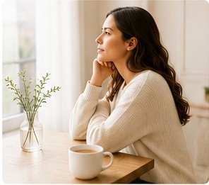 Woman in cream sweater resting chin on hand while gazing out window with coffee cup and plant vase on wooden table for calm morning