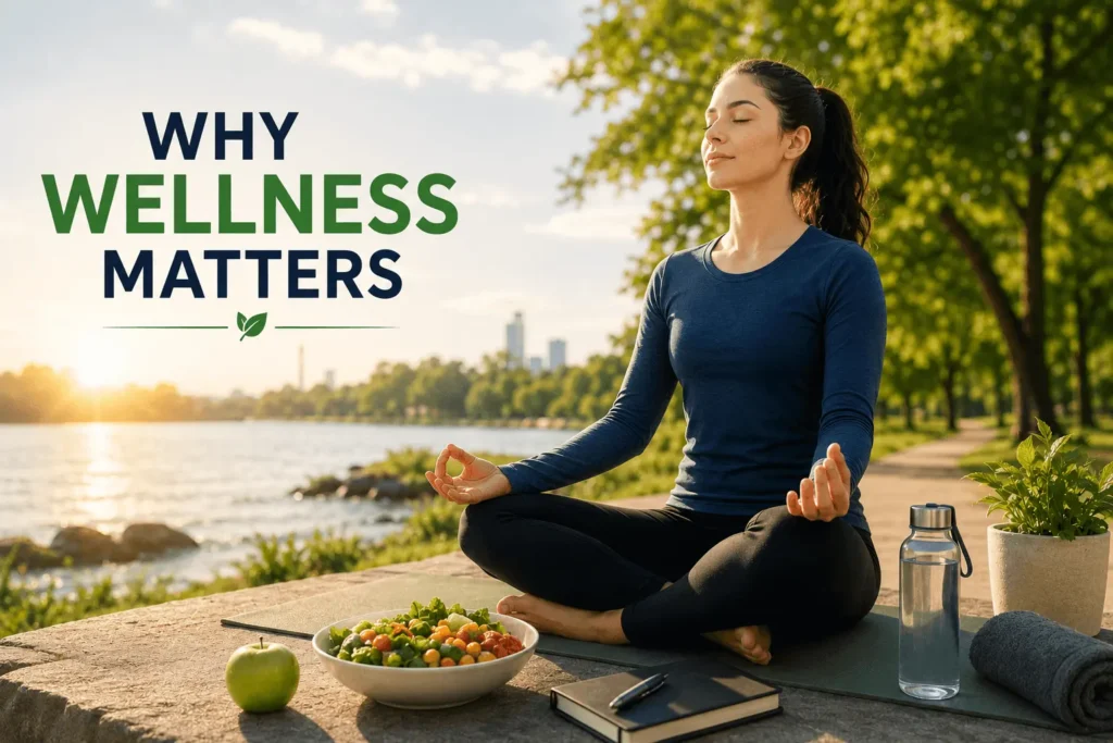 Woman practicing meditation outdoors with healthy food and wellness essentials, illustrating the benefits of wellness for long-term physical and mental health