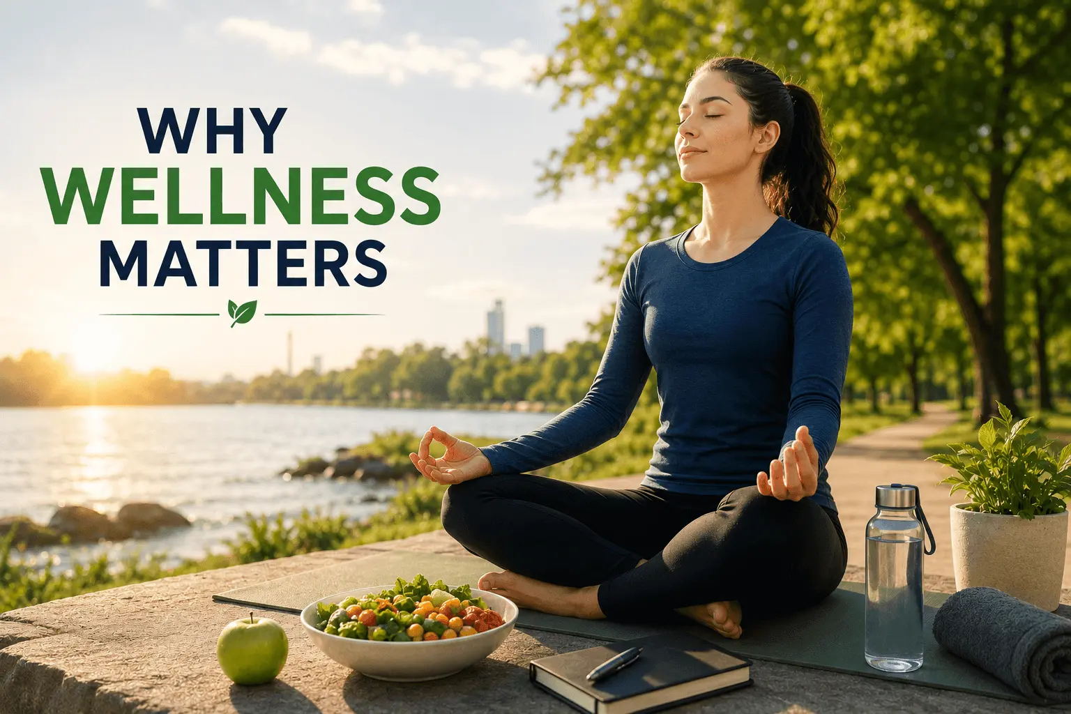 Woman practicing meditation outdoors with healthy food and wellness essentials, illustrating the benefits of wellness for long-term physical and mental health