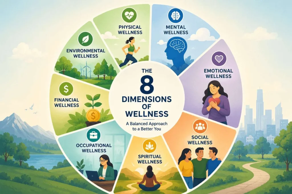 Illustration of the 8 dimension of wellness shown as a wellness wheel, highlighting physical, mental, emotional, social, spiritual, occupational, financial, and environmental well-being