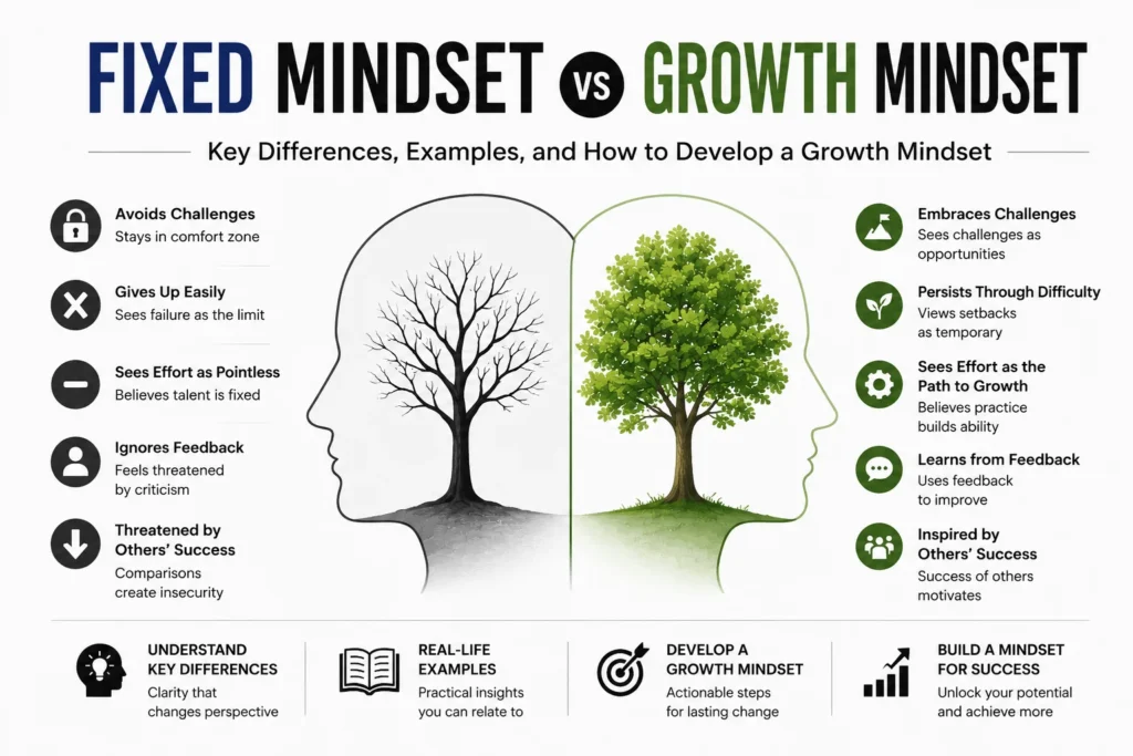 Infographic comparing fixed mindset vs growth mindset, highlighting key differences, behaviors, examples, and personal development outcomes.