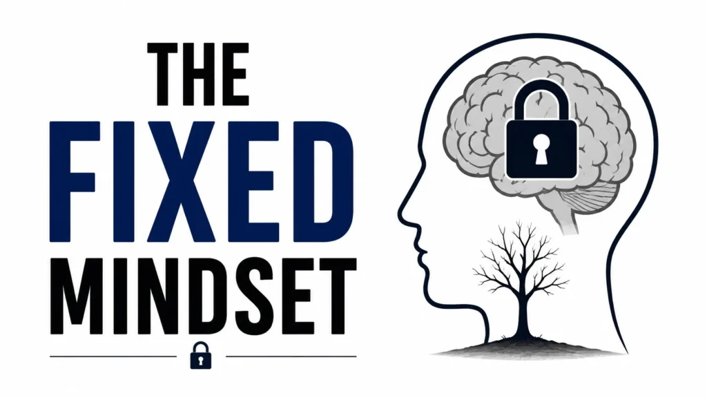 The fixed mindset illustration showing a locked brain inside a head silhouette, symbolizing limiting beliefs and resistance to growth.