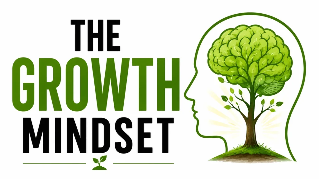 The growth mindset illustration showing a thriving tree-brain inside a head silhouette, representing learning, development, and potential.