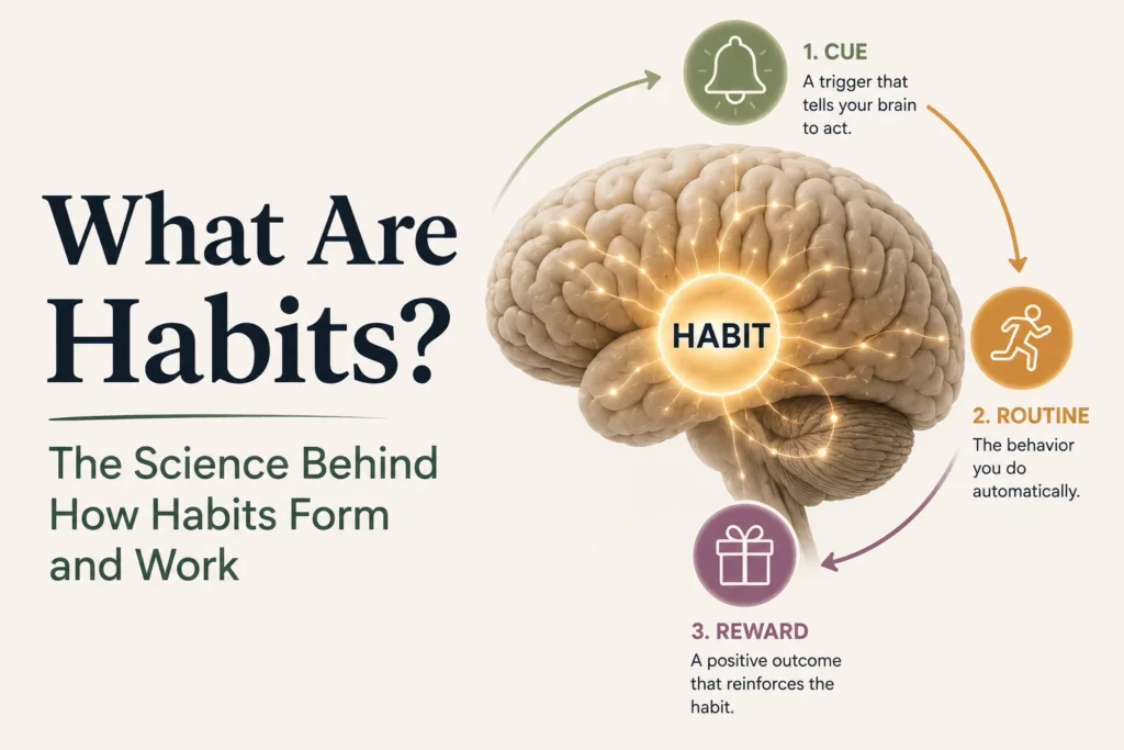 Illustration of a brain and habit loop showing cue, routine, and reward, explaining how habits form and function.