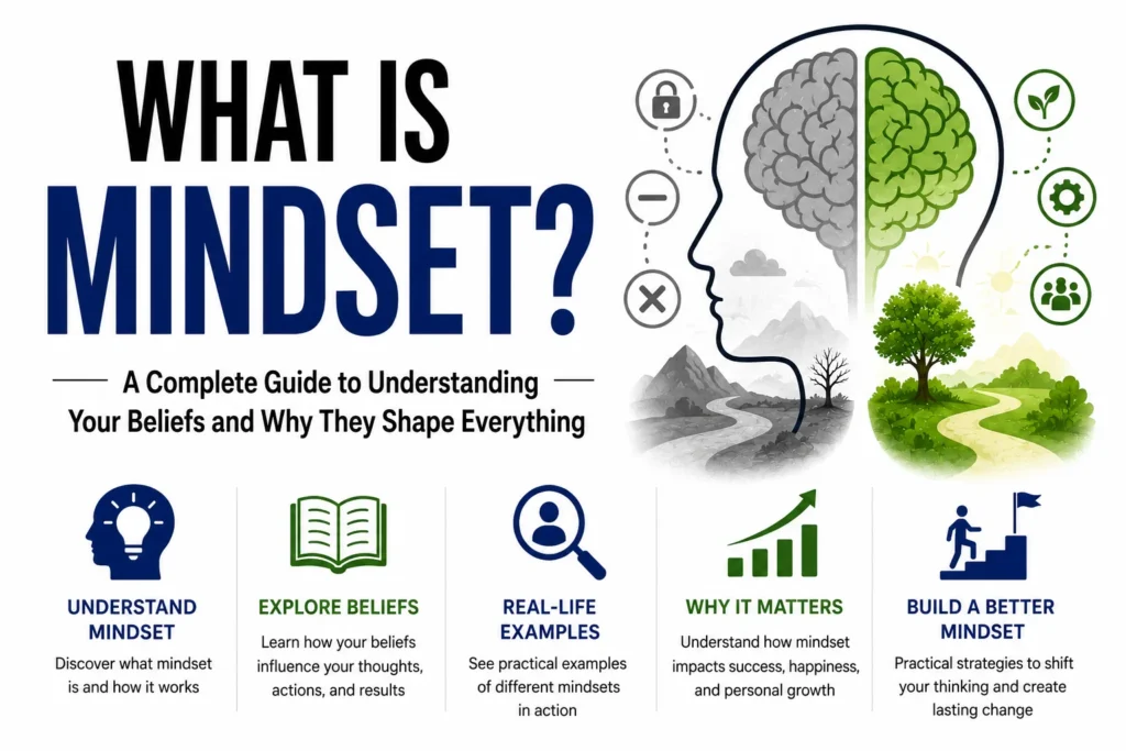 What is mindset infographic showing beliefs, growth, learning, personal development, and how mindset shapes success, behavior, and life.