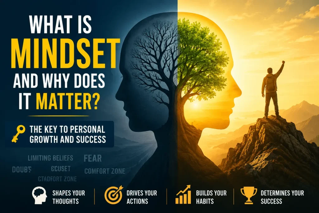 What is mindset illustration showing personal growth, positive thinking, overcoming limiting beliefs, and achieving success through mindset transformation.