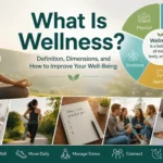 Illustration of what is wellness , dimensions with meditation, healthy eating, exercise, social connection, journaling, and sleep for overall well-being.