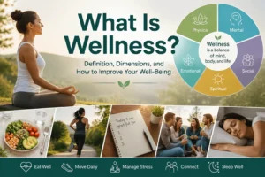 Illustration of what is wellness , dimensions with meditation, healthy eating, exercise, social connection, journaling, and sleep for overall well-being.
