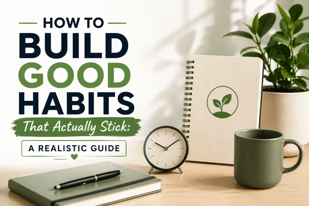 How to build good habits illustrated with a minimalist workspace featuring a notebook, clock, coffee mug, and plant, alongside the title "How to Build Good Habits That Actually Stick: A Realistic Guide," symbolizing consistency, productivity, and lasting positive routines.