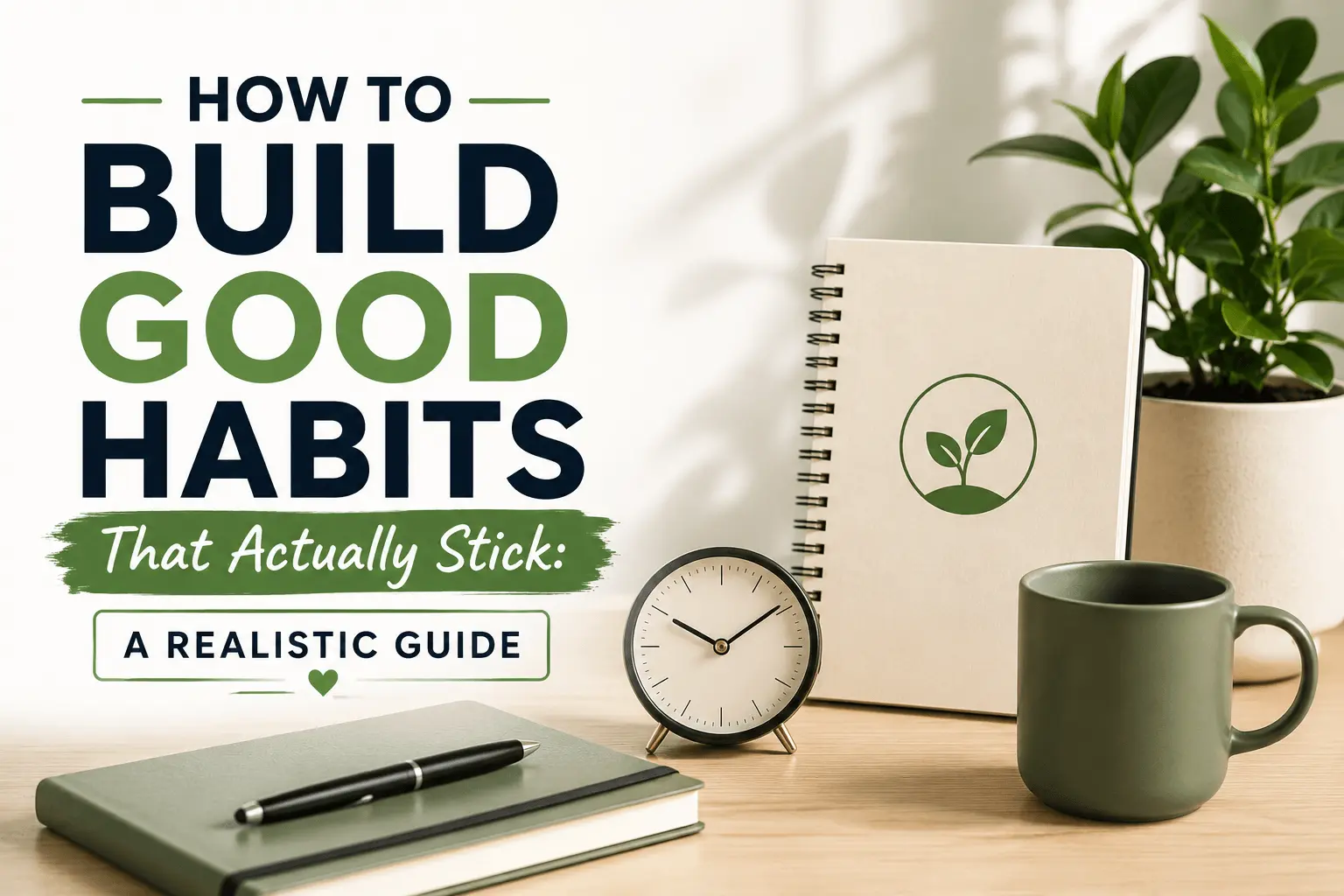 How to build good habits illustrated with a minimalist workspace featuring a notebook, clock, coffee mug, and plant, alongside the title "How to Build Good Habits That Actually Stick: A Realistic Guide," symbolizing consistency, productivity, and lasting positive routines.