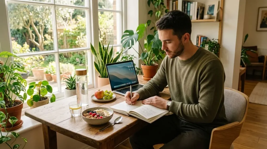 Young man building healthy daily routines that demonstrate the long-term benefits of wellness through simple lifestyle habits.