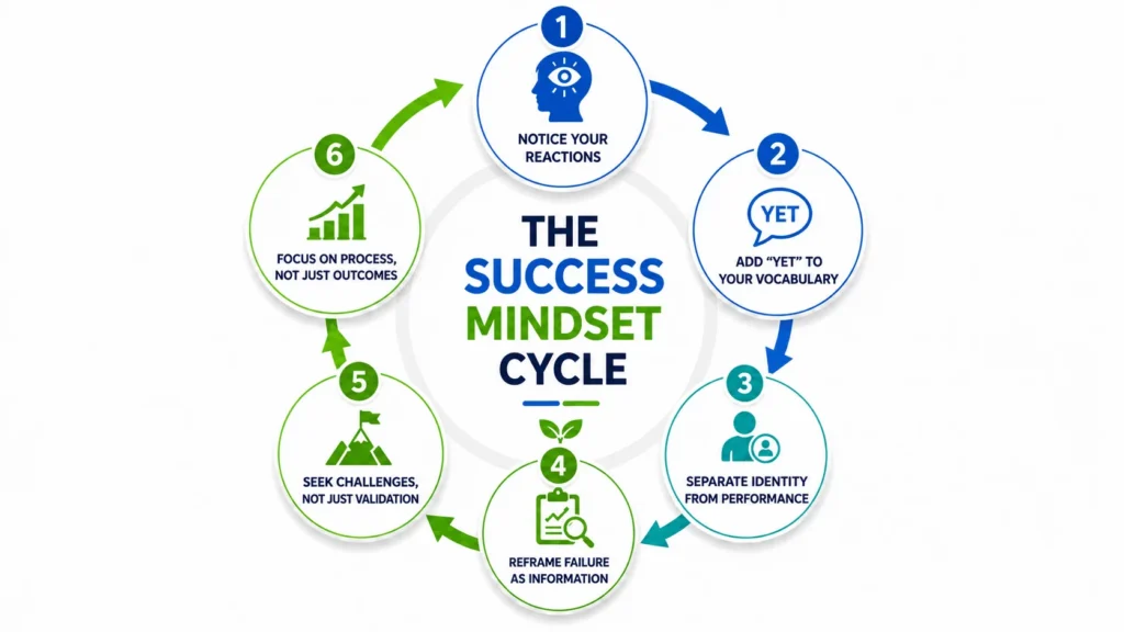 Success mindset cycle infographic showing six practical steps to overcome limiting beliefs, build confidence, and develop a lasting growth mindset.