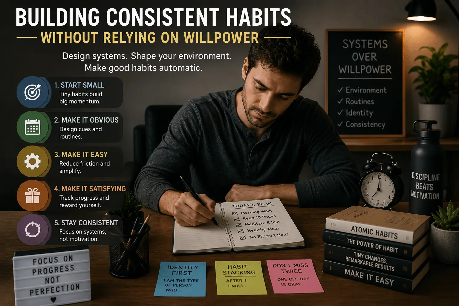 Person building consistent habits using a habit tracker, emphasizing systems, routines, and progress instead of relying on willpower or motivation.