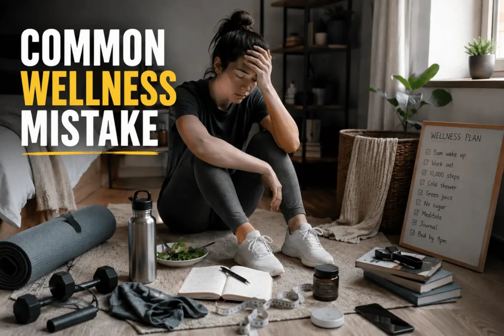 Person feeling overwhelmed by unrealistic health routines and recognizing a wellness mistake caused by excessive tracking, strict habits, and unhealthy wellness expectations.