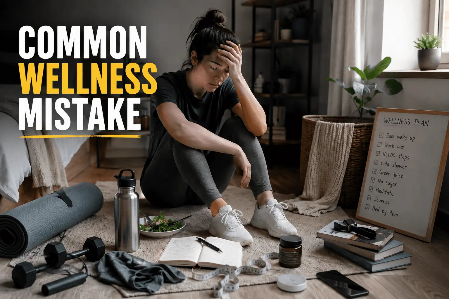 Person feeling overwhelmed by unrealistic health routines and recognizing a wellness mistake caused by excessive tracking, strict habits, and unhealthy wellness expectations.