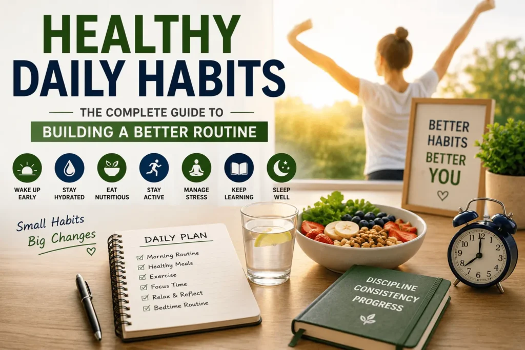 Healthy daily habits feature image showing a bright morning routine with a healthy breakfast, glass of water, notebook, alarm clock, and person stretching at sunrise, illustrating the complete guide to building a better daily routine through small, consistent habits.