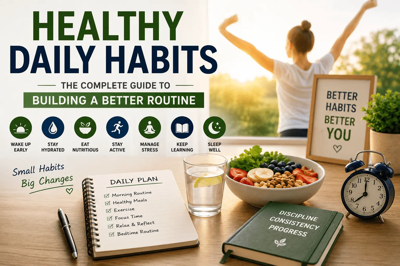 Healthy daily habits feature image showing a bright morning routine with a healthy breakfast, glass of water, notebook, alarm clock, and person stretching at sunrise, illustrating the complete guide to building a better daily routine through small, consistent habits.