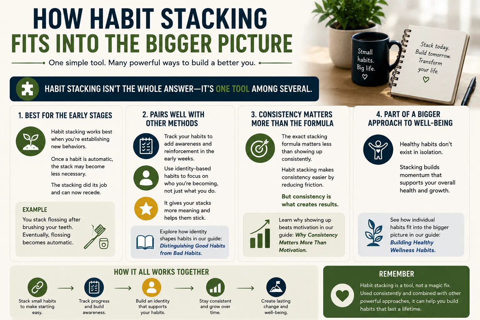 Infographic showing how habit stacking supports consistent routines, identity-based habits, and long-term personal growth through simple daily actions.
