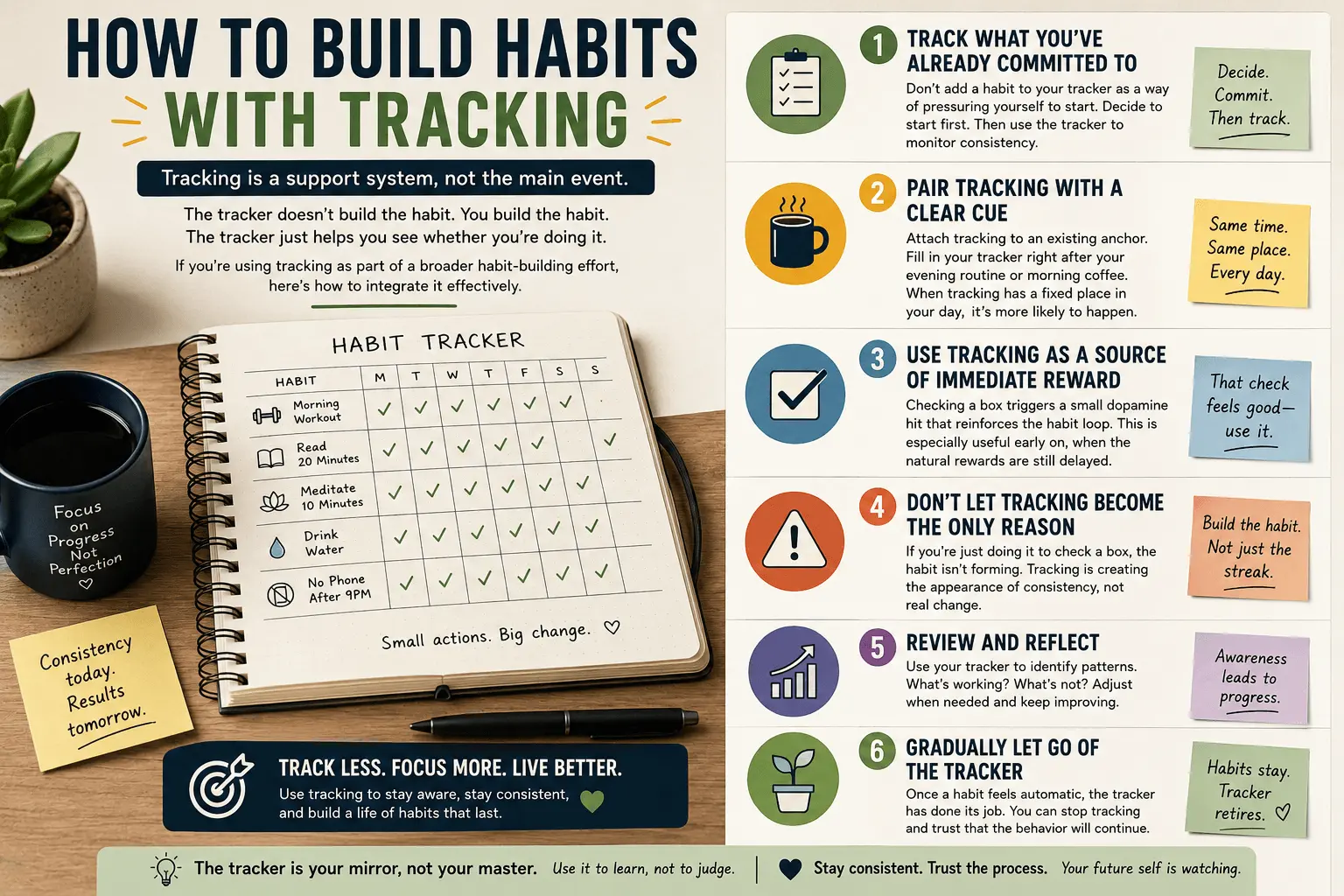 Habit tracker notebook illustrating how to build habits with tracking through consistent routines, progress monitoring, and simple daily checklists.