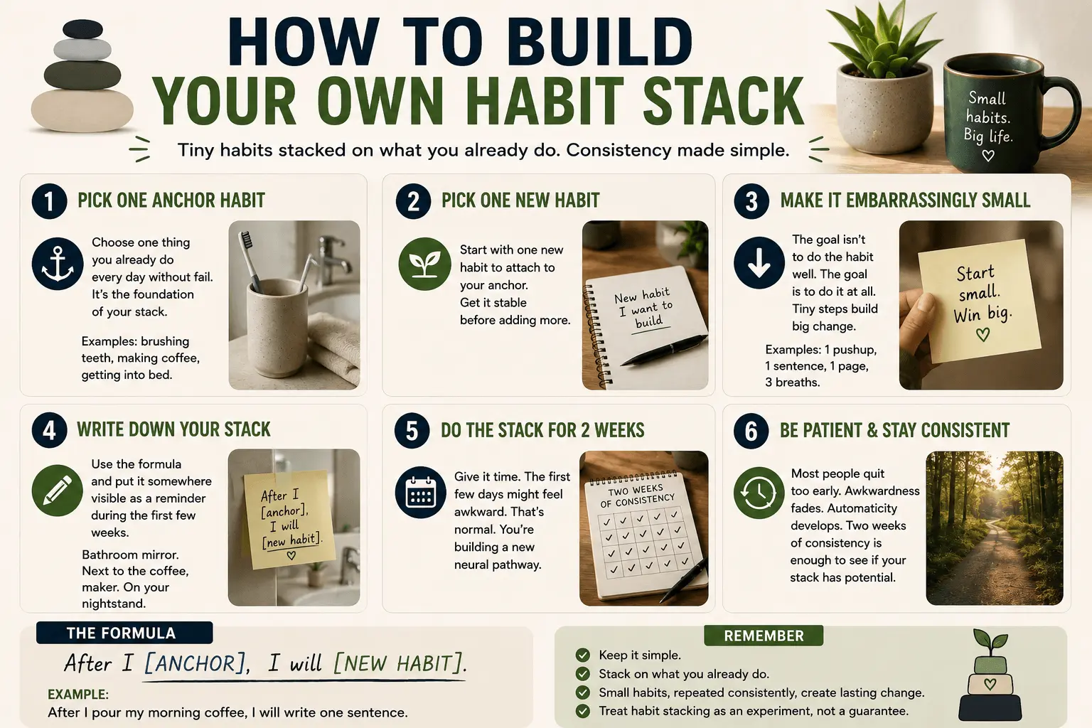 Step-by-step guide showing how to build your own habit stack by linking small daily habits to existing routines consistently