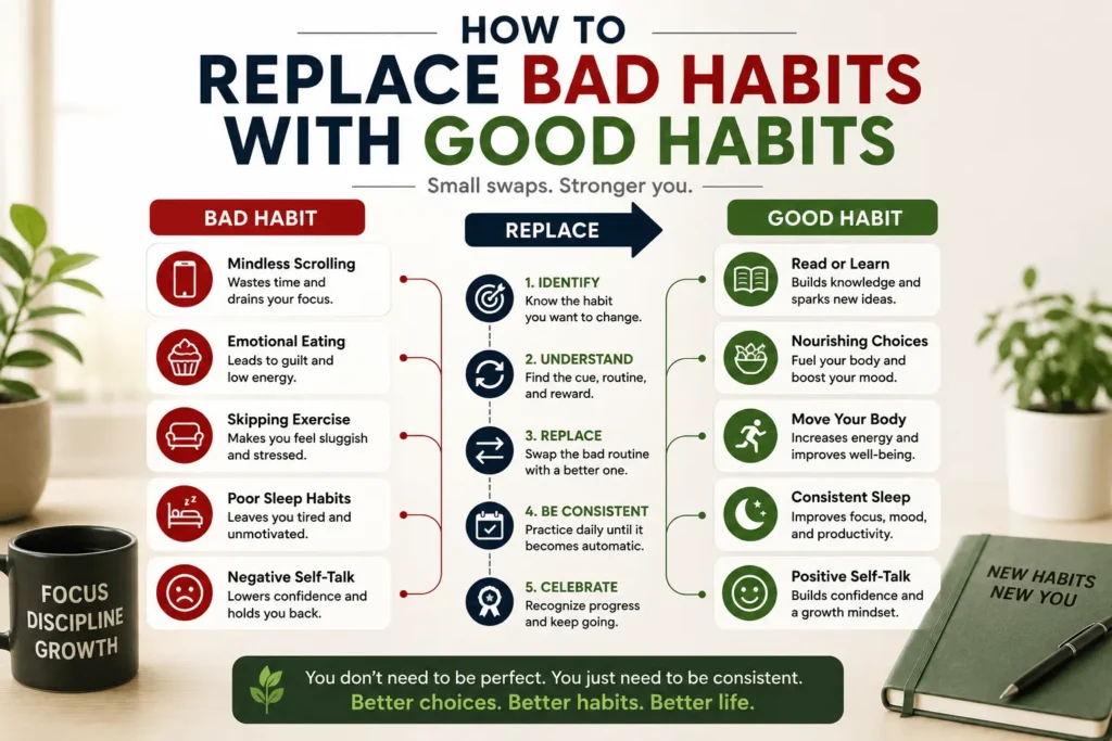 How to replace bad habits with good habits infographic comparing unhealthy behaviors with healthier alternatives through a simple step-by-step process, featuring examples like replacing mindless scrolling with reading, emotional eating with nutritious choices, and poor sleep habits with consistent bedtime routines.