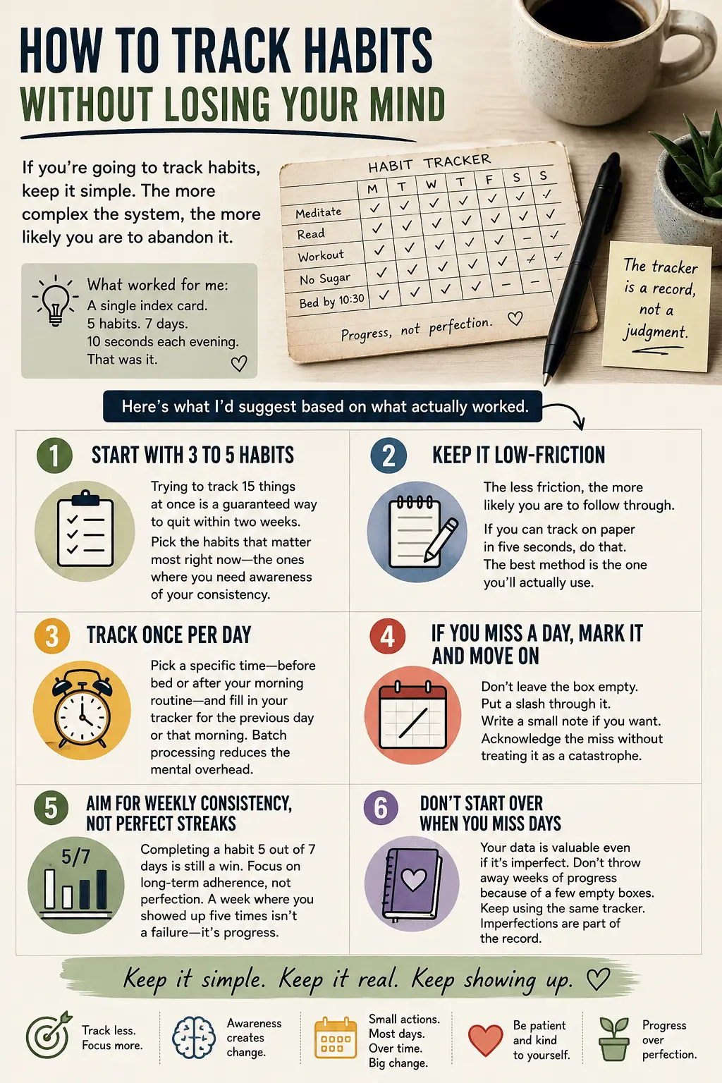 Simple habit tracker infographic showing practical tips for tracking habits consistently without perfection, using an easy daily tracking system.