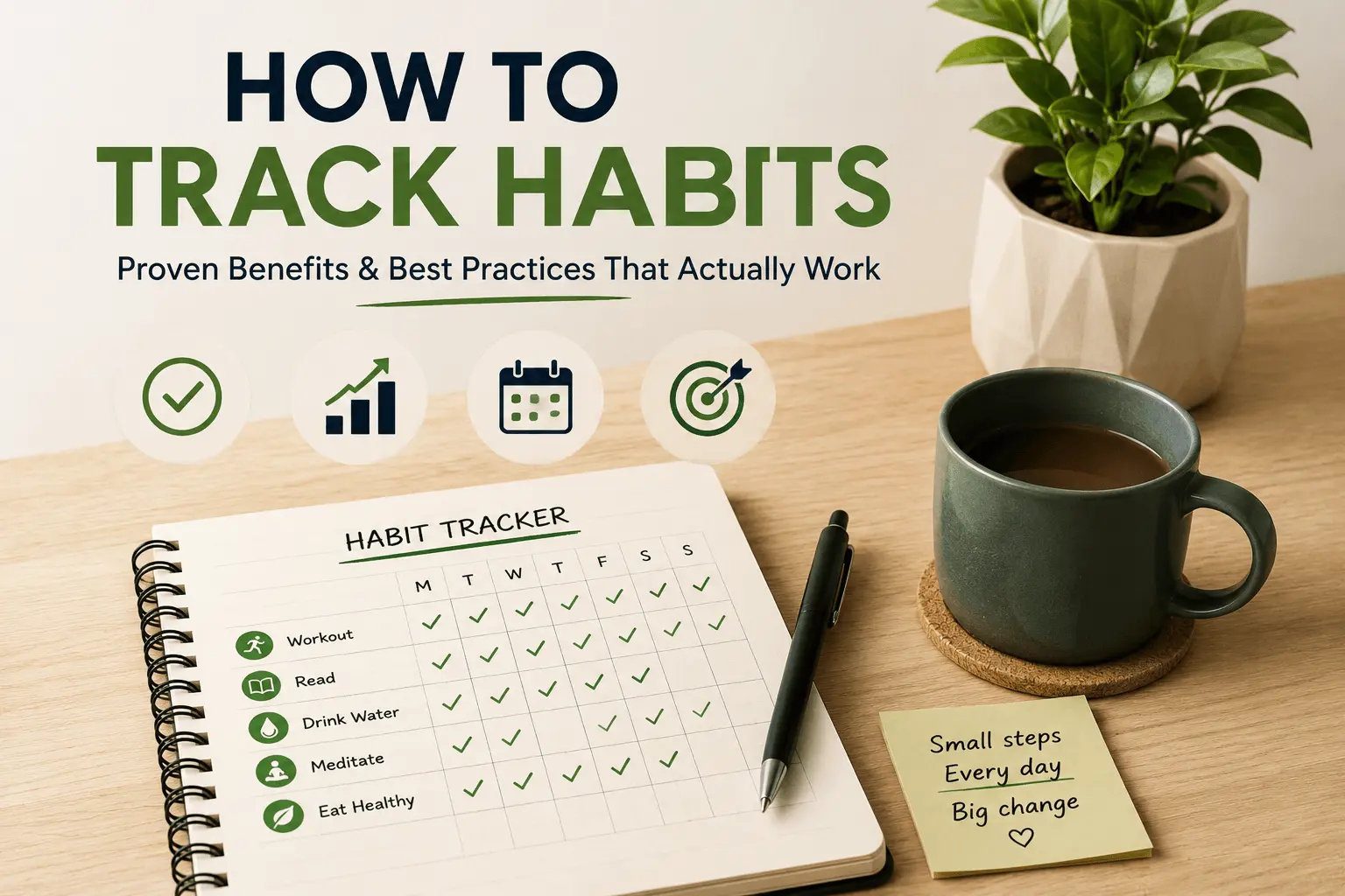 How to track habits feature image showing a minimalist habit tracker notebook with completed daily checkmarks, a coffee mug, pen, small plant, and productivity icons, illustrating the proven benefits and best practices for building consistent daily habits.