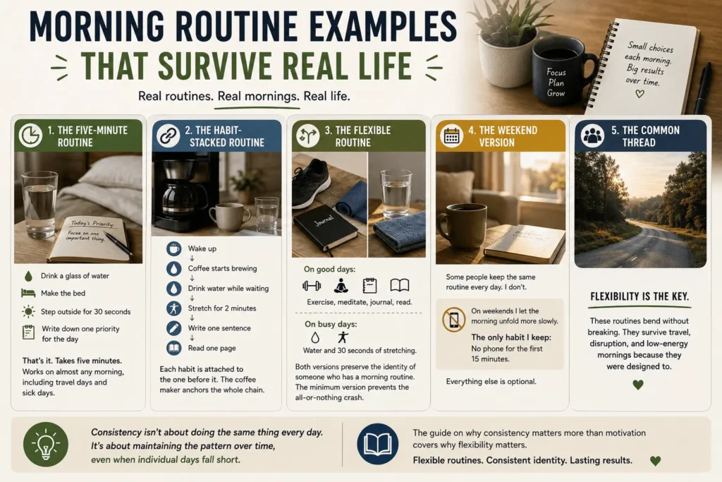 Morning routine examples showing flexible daily habits that build consistency, productivity, and lasting healthy routines in real life.