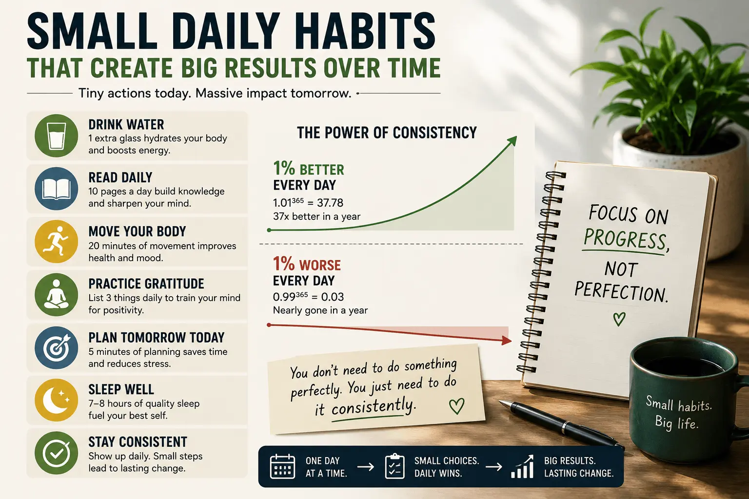 Small daily habits infographic showing how consistent actions over time create lasting personal growth, productivity, and long-term success.