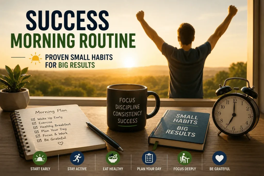 Success morning routine feature image showing a sunrise workspace with a morning checklist, coffee mug, notebook, alarm clock, and a person stretching by the window, illustrating proven small habits that lead to big results and long-term success.