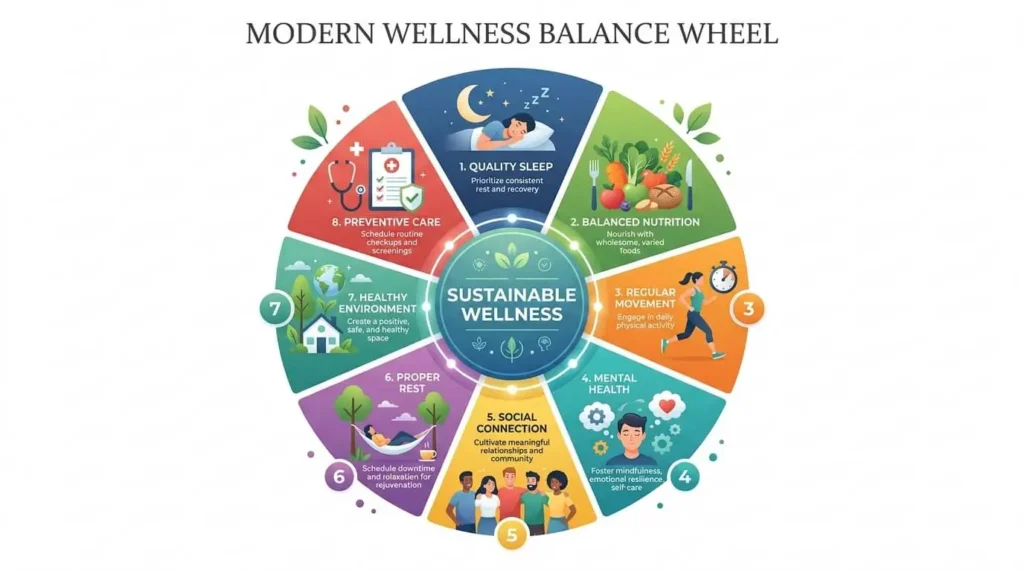 Wellness balance wheel showing key areas needed for sustainable health including sleep, nutrition, movement, mental and social well-being.