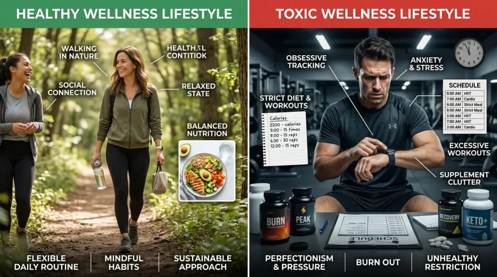 Comparison showing healthy wellness habits versus toxic wellness habits with balanced lifestyle choices and unhealthy wellness behaviors.