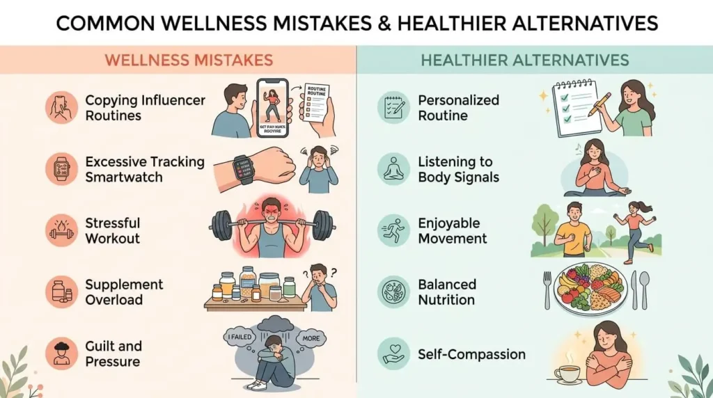 Infographic showing common wellness mistakes and healthier alternatives for building sustainable daily wellness habits.