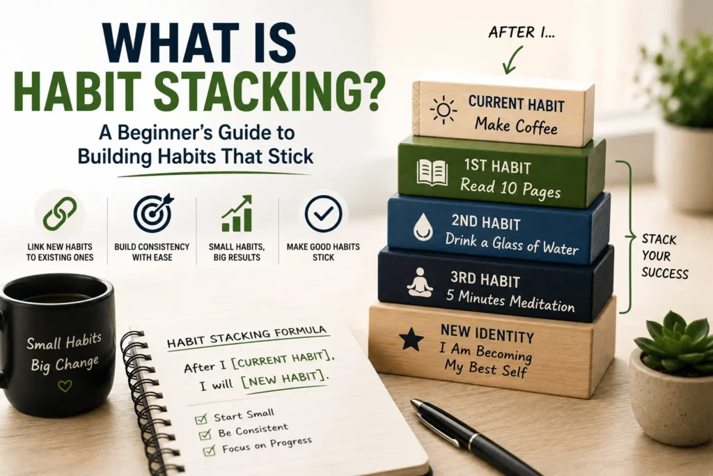 What is habit stacking infographic showing how to build habits that stick by linking new habits to existing routines, using stacked blocks with examples like making coffee, reading, drinking water, and meditation alongside a simple habit stacking formula and productivity workspace.