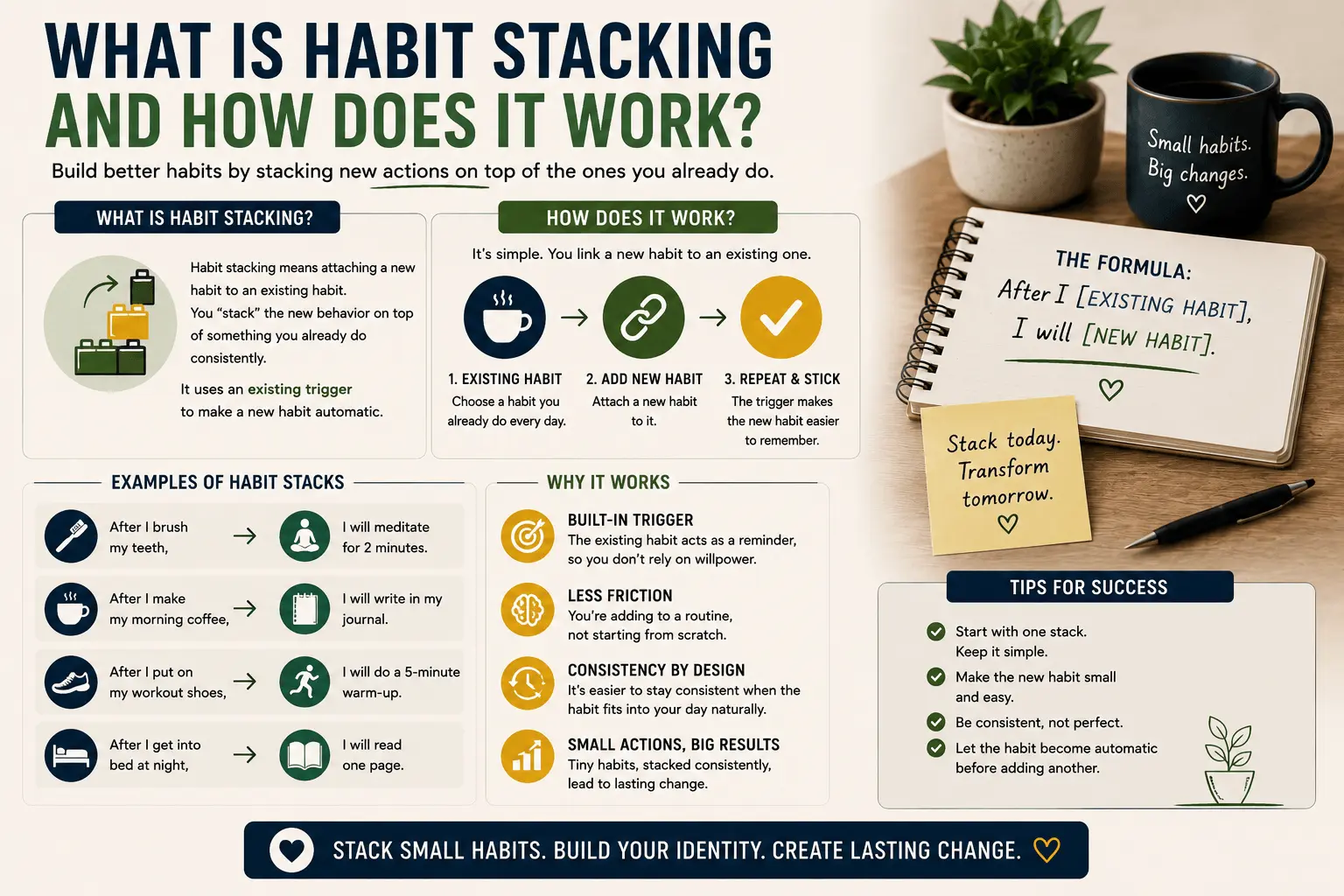 Infographic explaining what habit is stacking is and how it works by linking new habits to existing daily routines consistently.