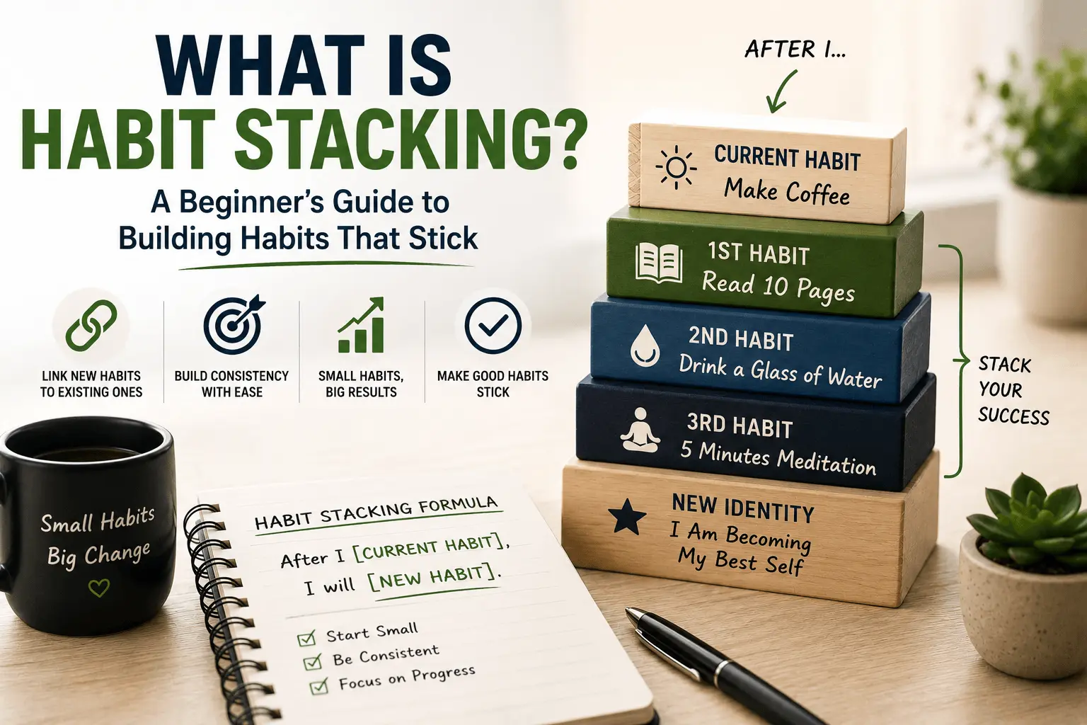 What is habit stacking infographic showing how to build habits that stick by linking new habits to existing routines, using stacked blocks with examples like making coffee, reading, drinking water, and meditation alongside a simple habit stacking formula and productivity workspace.