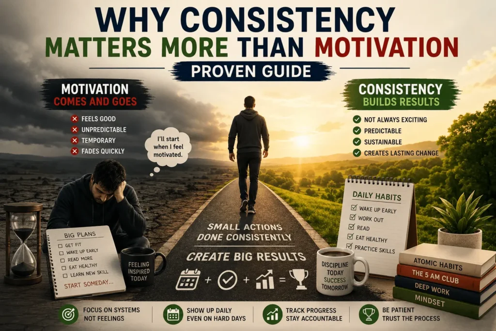 Why consistency matters more than motivation infographic comparing short-lived motivation with consistent daily habits, showing how small actions, discipline, and simple routines create lasting results and long-term success.