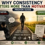 Why consistency matters more than motivation infographic comparing short-lived motivation with consistent daily habits, showing how small actions, discipline, and simple routines create lasting results and long-term success.
