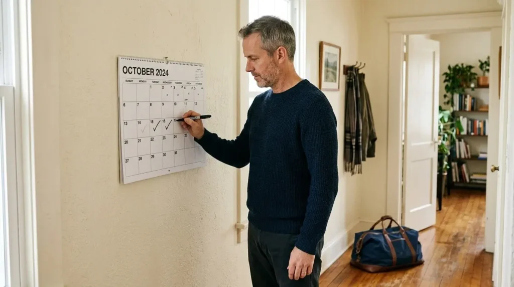 Man updating his personal wellness plan with a simple daily check-in to maintain healthy habits during a busy schedule.