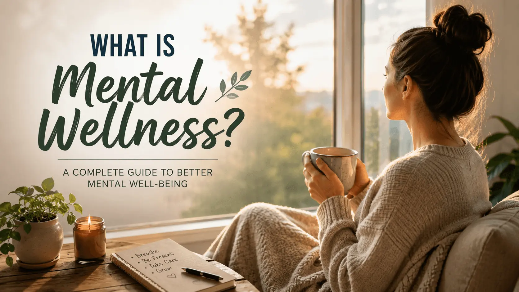 Mental wellness guide showing a person practicing mindfulness, journaling, healthy habits, and emotional well-being in everyday life.