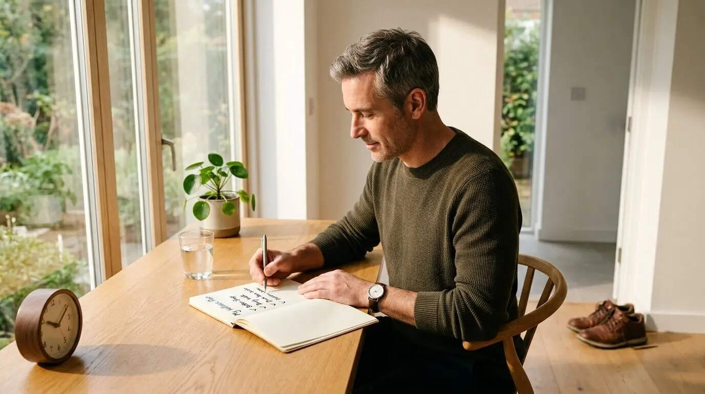 Man creating a personal wellness plan with a simple daily habit checklist, water, and healthy routine in a bright home workspace.