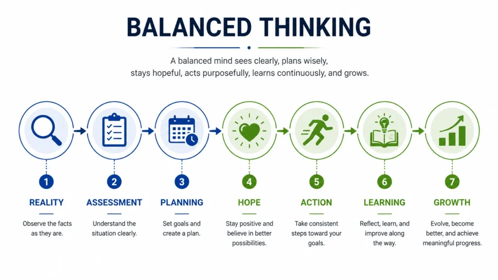 Balanced thinking flowchart showing reality, assessment, planning, hope, action, learning, and growth connected through a simple process.