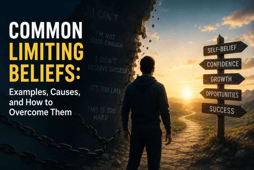 Illustration representing common limiting beliefs with broken chains, symbolic obstacles, and a path toward confidence, growth, and personal transformation.
