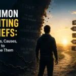 Illustration representing common limiting beliefs with broken chains, symbolic obstacles, and a path toward confidence, growth, and personal transformation.