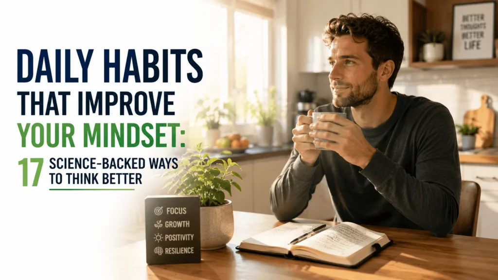 Daily habits that improve your mindset featuring a person enjoying morning coffee while journaling to build positive thinking habits.