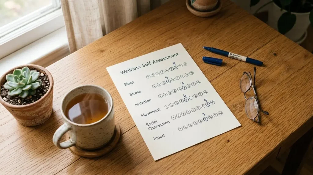 Self-assessment worksheet used to create a personal wellness plan by evaluating sleep, stress, nutrition, and daily well-being